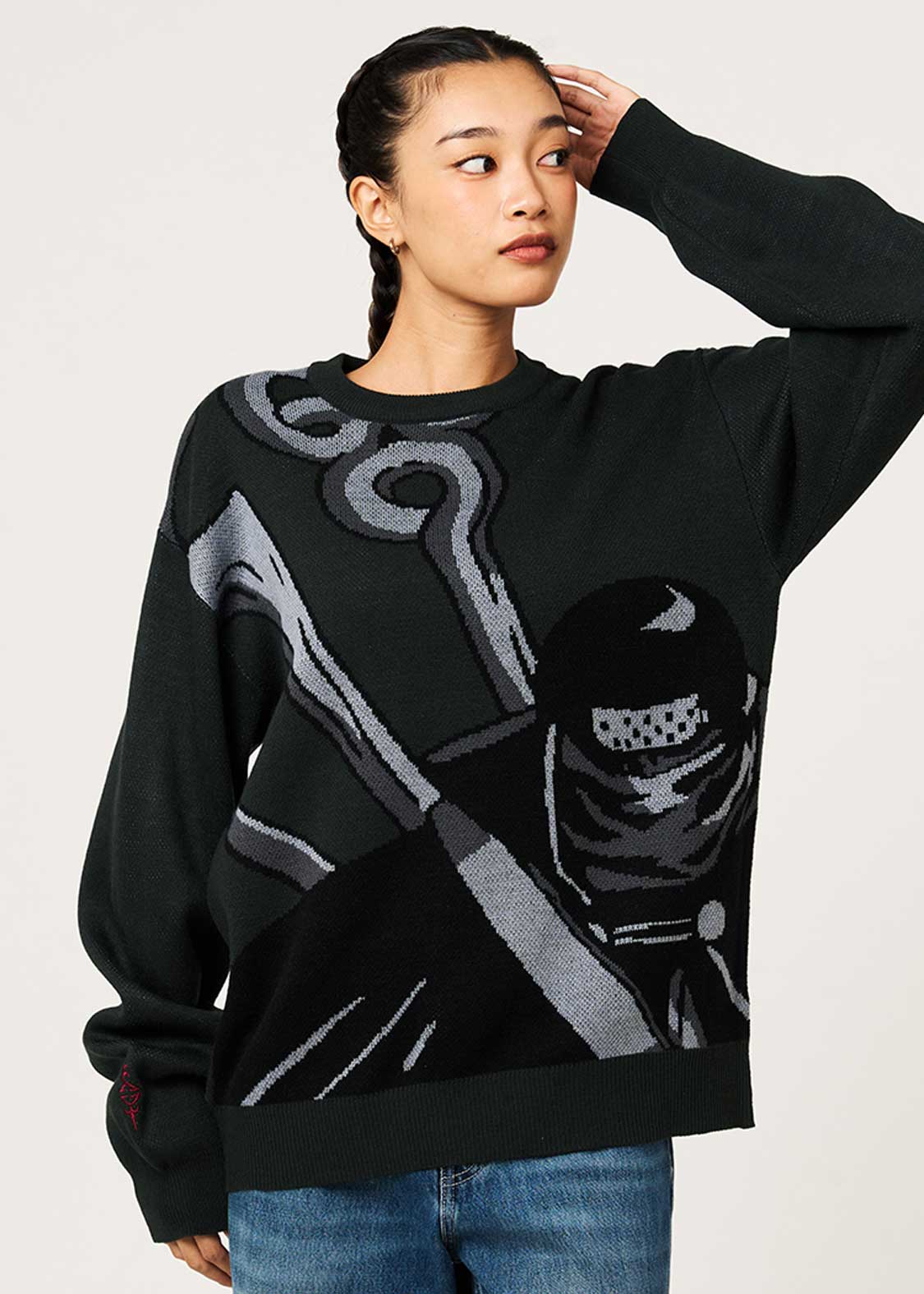 Fairy Tail 20th Anniversary Collaboration Mystogan Jacquard Knit Sweater - worn view 4