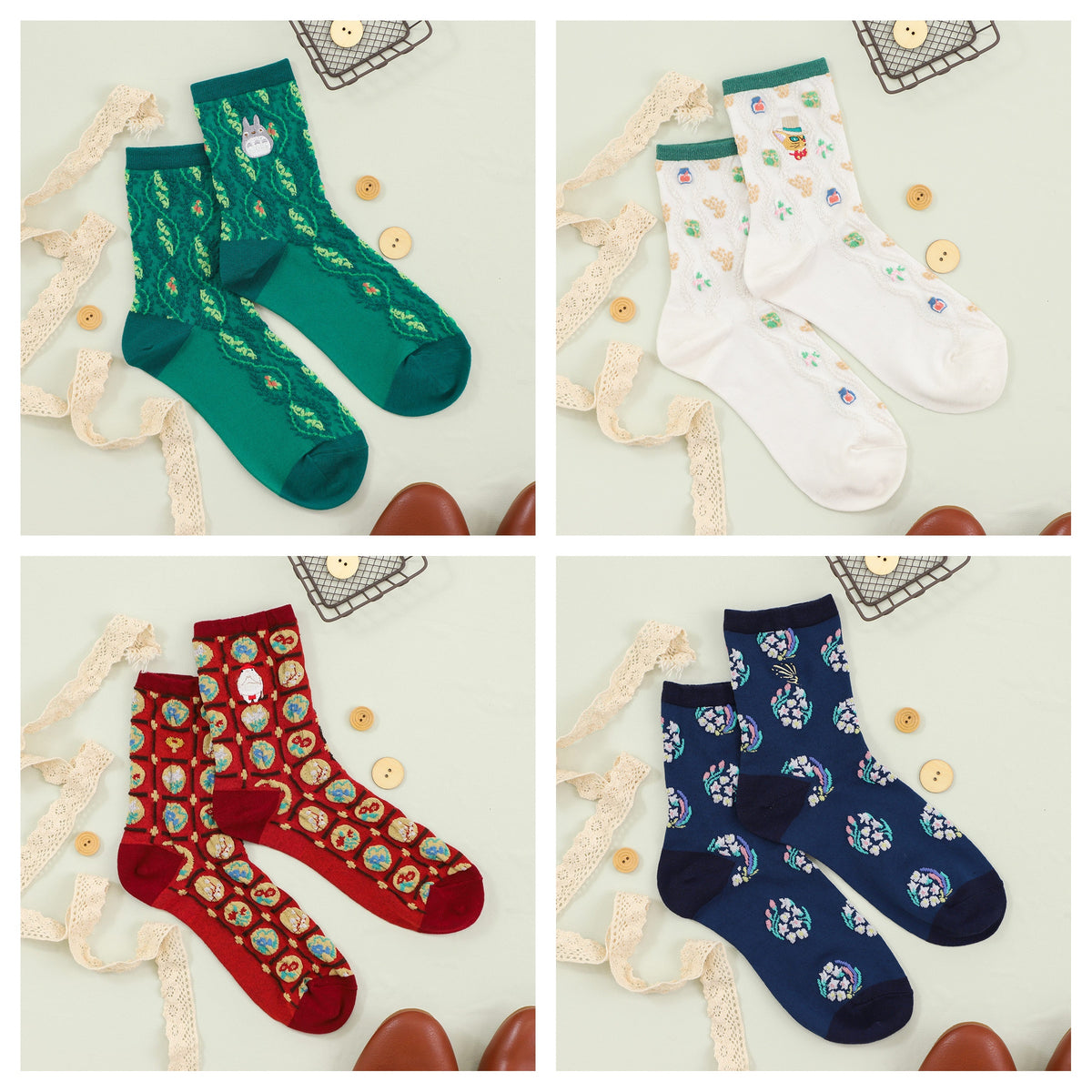 Studio Ghibli - Raised-Pattern Embroidered Socks 23-25 cm (4 Types) - Complete Set with all listed models