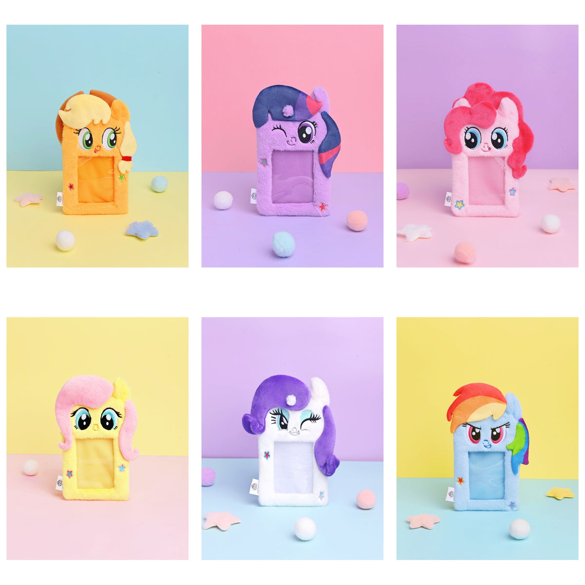 Complete set of six My Little Pony plush card holders: Applejack, Twilight Sparkle, Pinkie Pie, Fluttershy, Rarity and Rainbow Dash